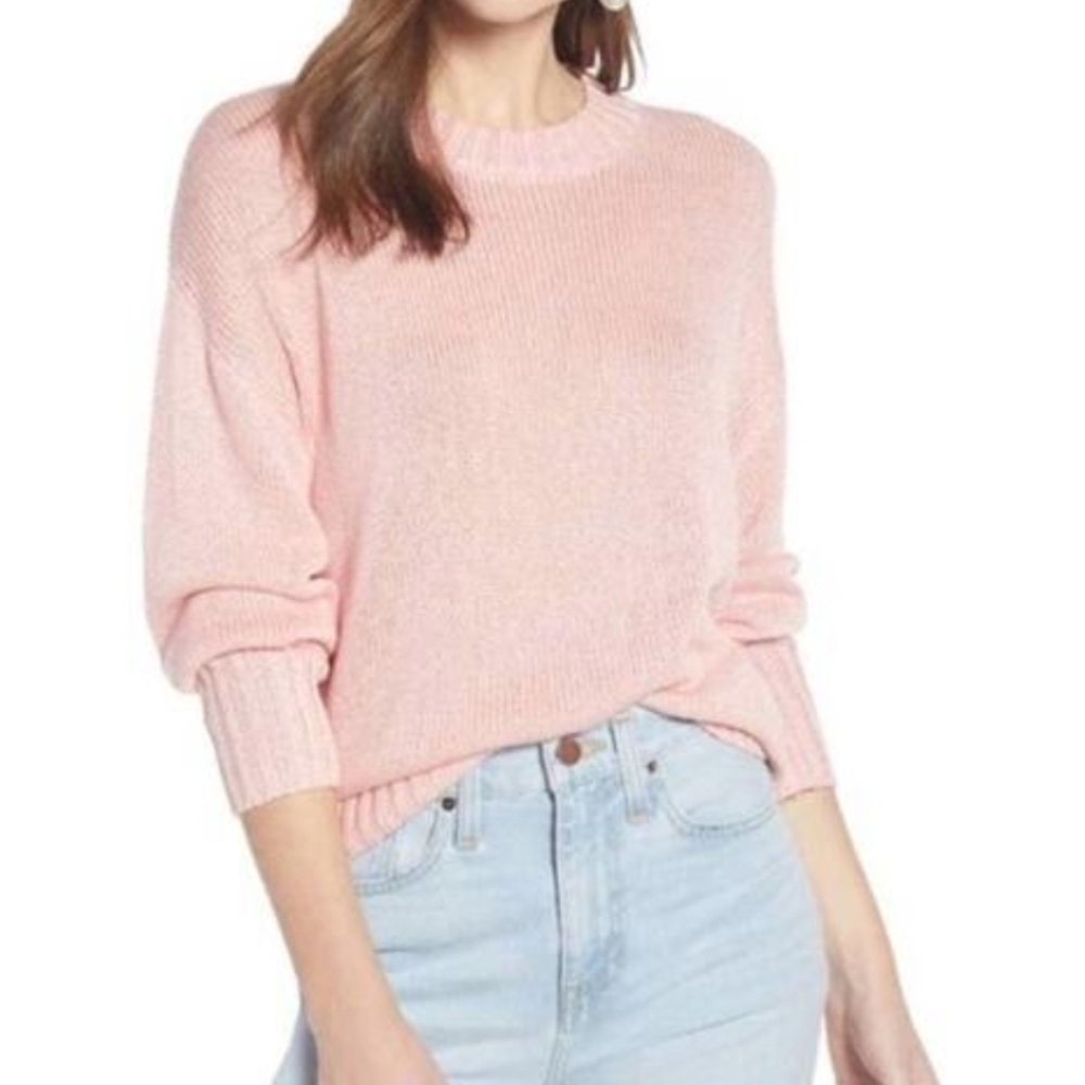 Something Navy Light Pink Cable Knit Crewneck Sweater, Loose Boxy Fit, Size XS.